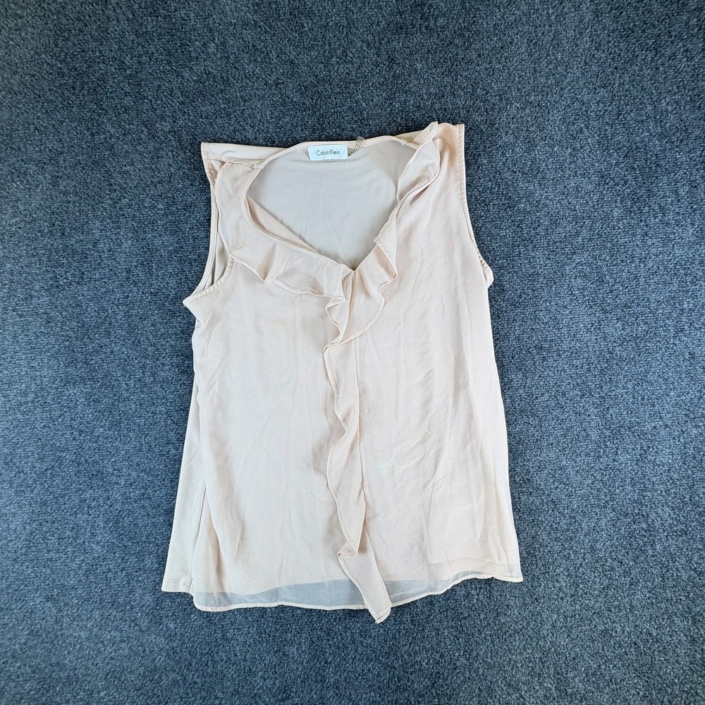Calvin Klein‎ Blouse Top Womens S Blush Chiffon Ruffle Front Sleeveless READ
